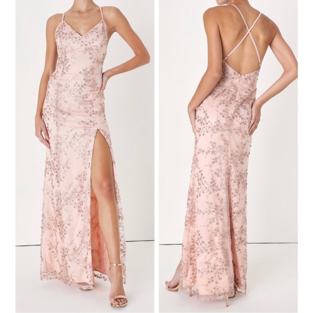 NWT Lulus Maxi Dress Women's LARGE Blissful Blossoms Blush‎ Pink Sequin Backless